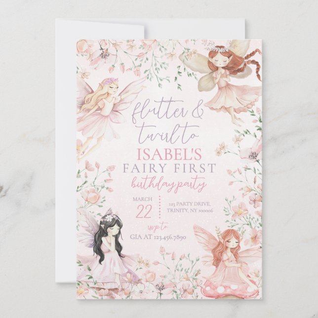 Flutter and Twirl Little Fairy Birthday Invitation (Front)