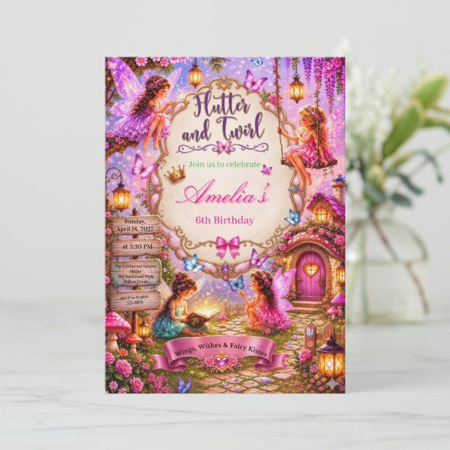 Flutter and Twirl Little Fairy First Birthday Invitation (Standing Front)