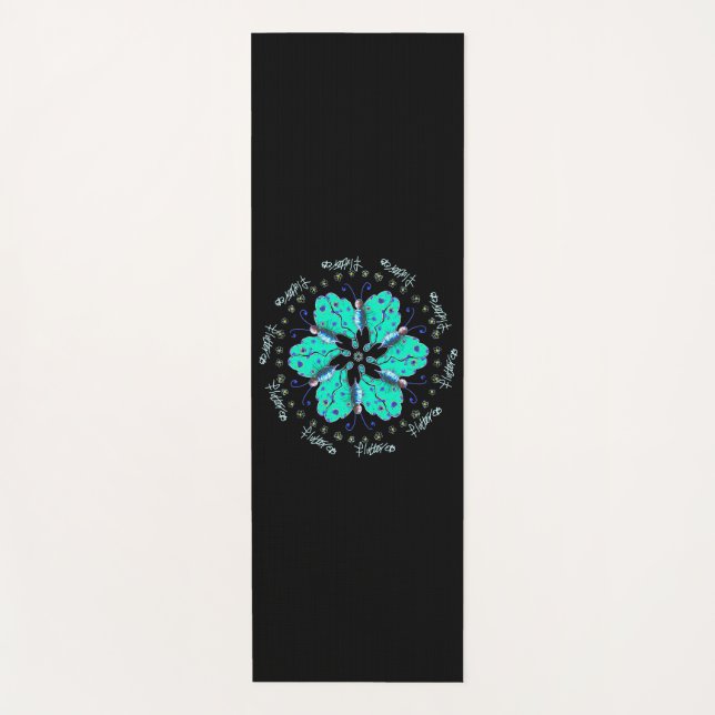 Flutter aqua blue butterfly mandala yoga mat (Front)