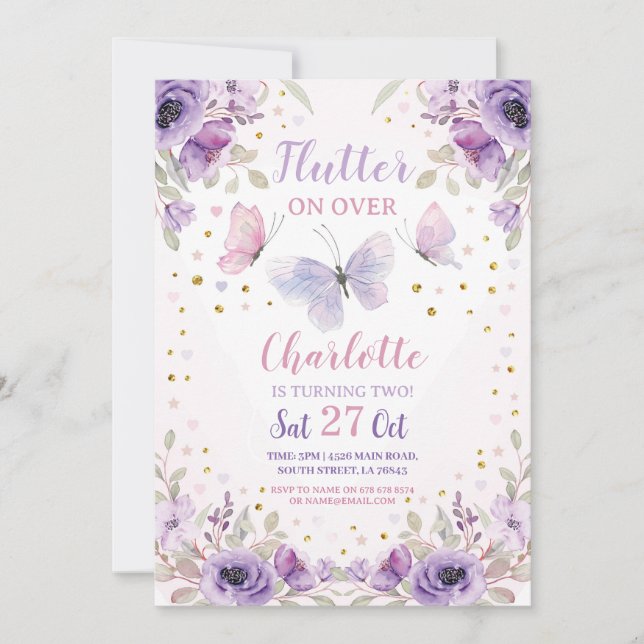 Flutter Butterfly Flower Purple Birthday Party Invitation (Front)