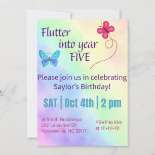 flutter into year five-birthday invitation