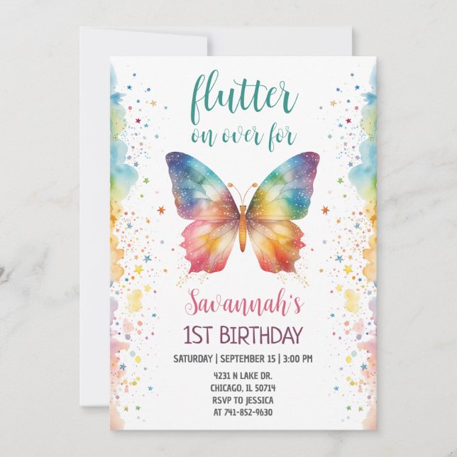 Flutter On Over Rainbow Butterfly 1st Birthday Invitation (Front)