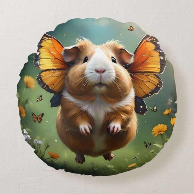 "Flutter Paws: The Guinea Pig Takes Flight" Round Cushion (Front)