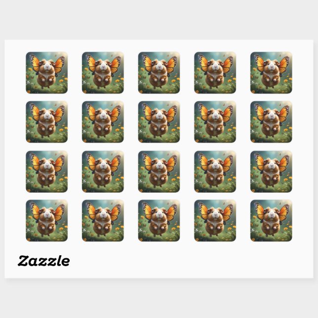 "Flutter Paws: The Guinea Pig Takes Flight" Square Sticker (Sheet)