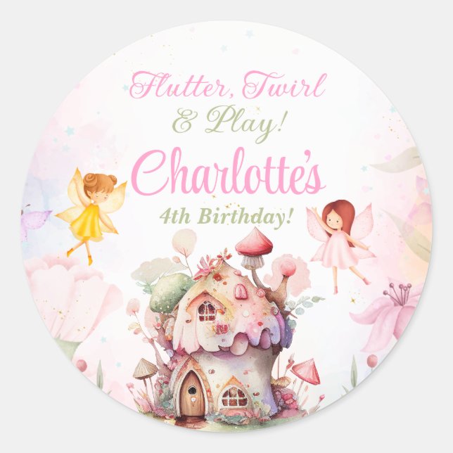 Flutter & Twirl Fairy Birthday Party Label Sticker (Front)