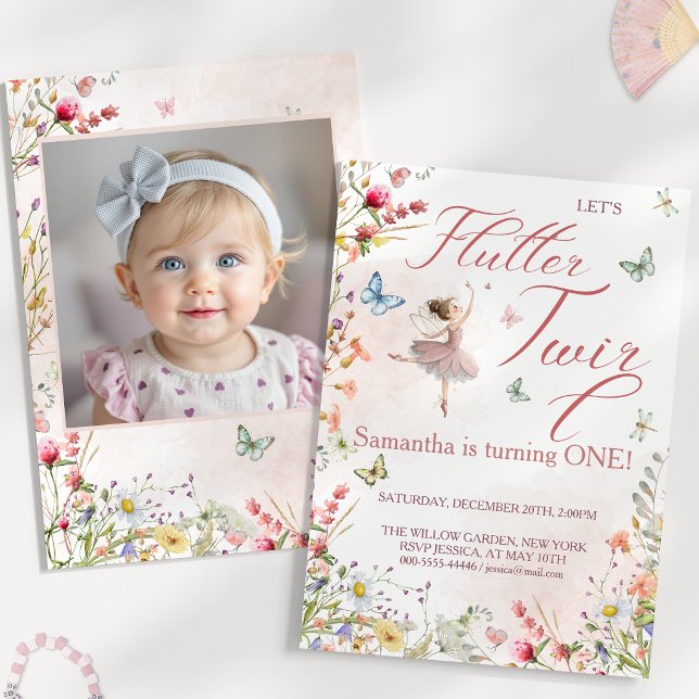 Flutter Twirl Magical Wings First Birthday Photo Invitation (Flutter Twirl Magical Wings First Birthday Photo Invitation)