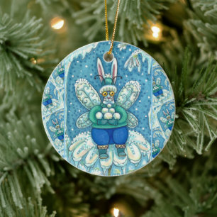 FLUTTERBUN WINTER WONDERLAND, FUNNY BUNNY RABBIT CERAMIC TREE DECORATION