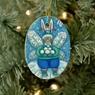 FLUTTERBUN WINTER WONDERLAND, FUNNY BUNNY RABBIT CERAMIC TREE DECORATION