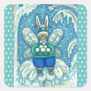 FLUTTERBUN WINTER WONDERLAND, FUNNY BUNNY RABBIT SQUARE STICKER