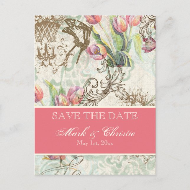 Flutterbyes 'n Tulips Elegant Save The Date Card (Front)