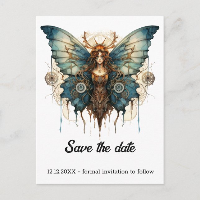 Fluttergear Nymph Butterfly Steampunk Wedding  Announcement Postcard (Front)