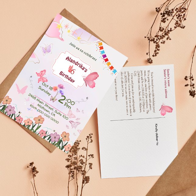 Fluttering butterfly theme 6th birthday invitation postcard (Creator Uploaded)