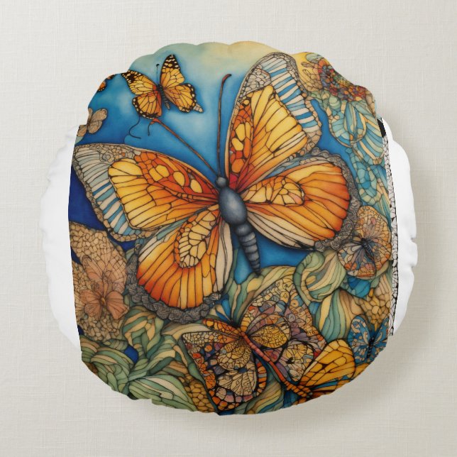 "Fluttering Elegance: Red and Yellow Butterfly Rou Round Cushion (Front)