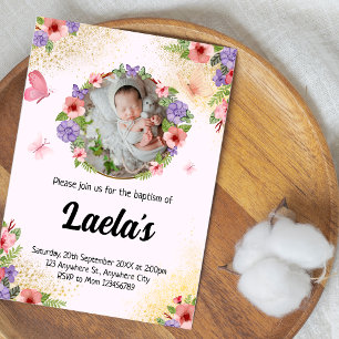 Fluttering Faith: Modern Butterfly Baptism Photo  Invitation