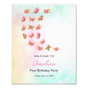 Fluttering Pink Butterfly Girl 1st Birthday Sign