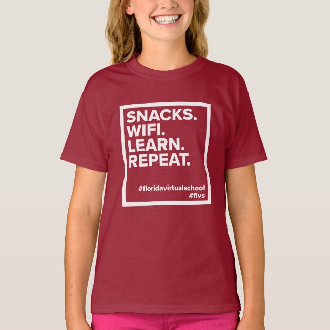 FLVS Snacks. WiFi. Learn. Repeat. T-Shirt (Berry) (Front)