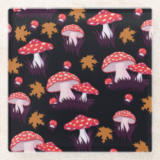 Fly agaric, maple leaves print glass coaster