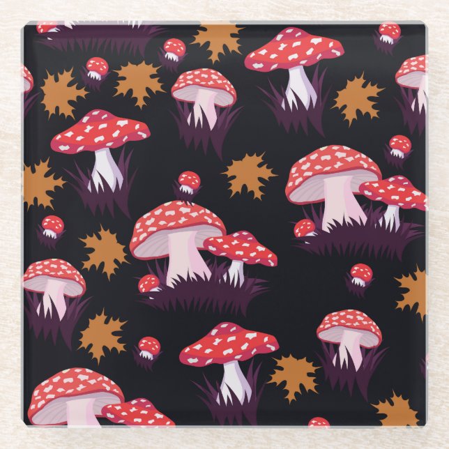 Fly agaric, maple leaves print glass coaster (Front)