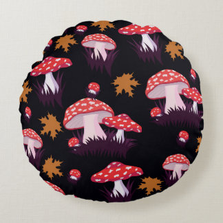 Fly agaric, maple leaves print round cushion