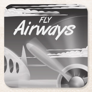Fly Airways vintage travel poster. Square Paper Coaster