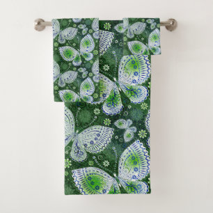 Fly Away Paisley Butterfly Print Green  Bath Towel Set