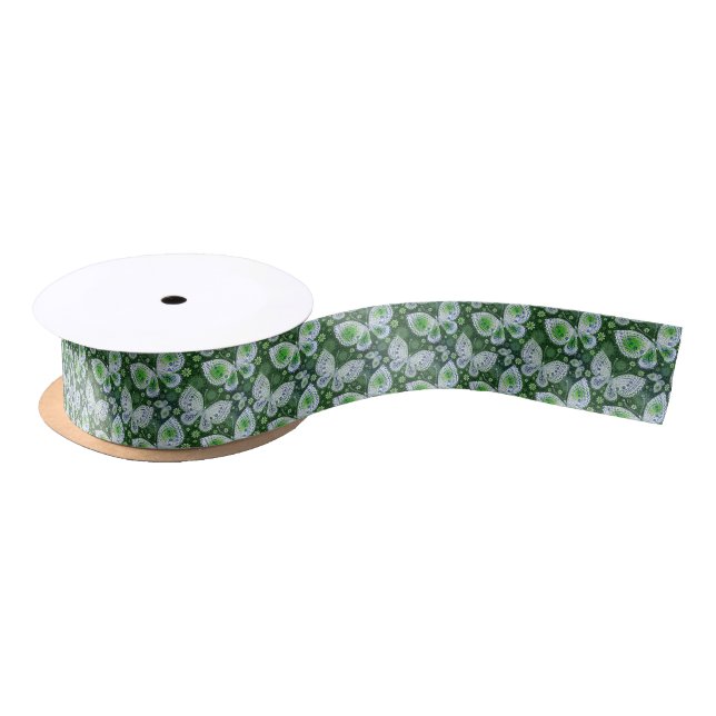 Fly Away Paisley Butterfly Print Green  Satin Ribbon (Spool)