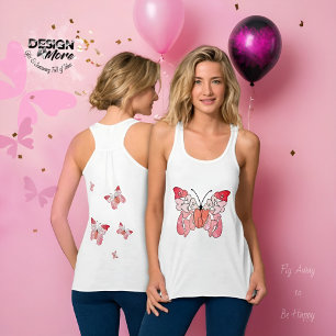 Fly Away to Be Happy Pink Shiny Butterfly Tank Top