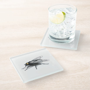 Fly Buddy giant fly white glass coaster