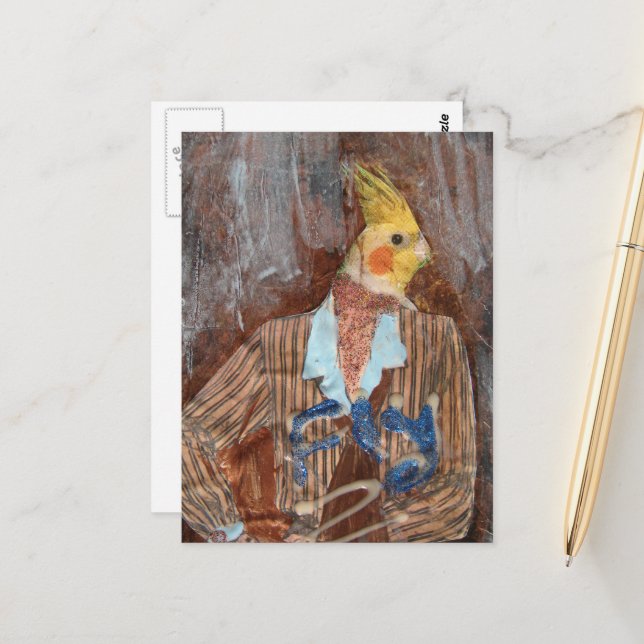 Fly Cockatiel Bird Mixed Media Postcard (Front/Back In Situ)