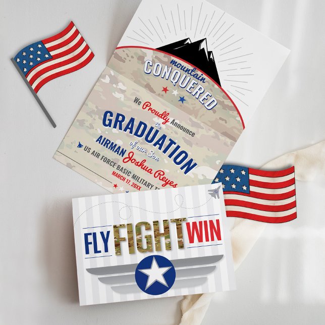 Fly Fight Win Air Force BMT Military Graduation Announcement (Patriotic Air Force basic military training Mountain Conquered Fly Fight Win graduation announcement)