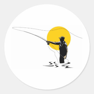 Fly fisherman casting reel with fishing lure bait classic round sticker