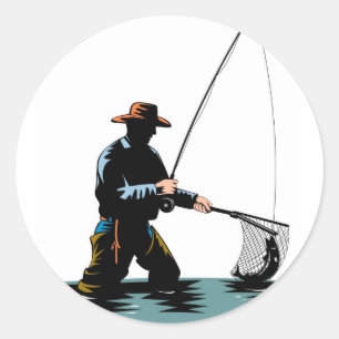 Fly fisherman casting reel with fishing lure bait classic round sticker