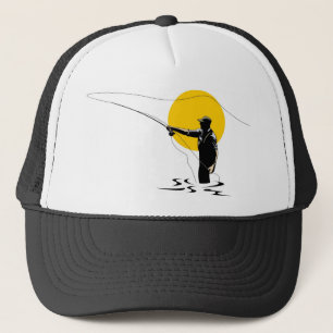 Fly fisherman casting reel with fishing lure bait trucker hat