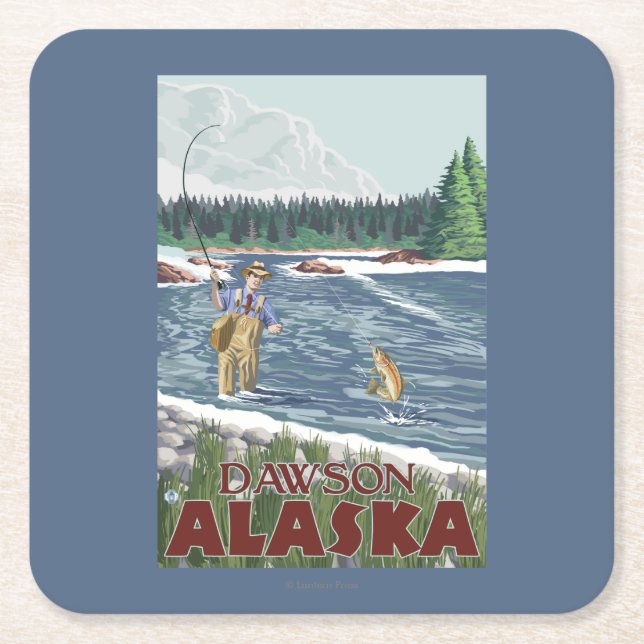 Fly Fisherman - Dawson, Alaska Square Paper Coaster (Front)