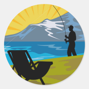 Fly fisherman fishing lake mountains chair classic round sticker