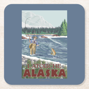 Fly Fisherman - Latouche, Alaska Square Paper Coaster