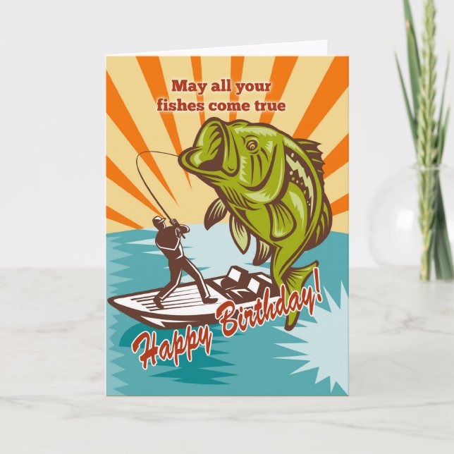 Fly Fisherman on boat catching largemouth bass Card (Front)