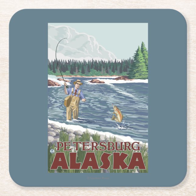Fly Fisherman - Petersburg, Alaska Square Paper Coaster (Front)