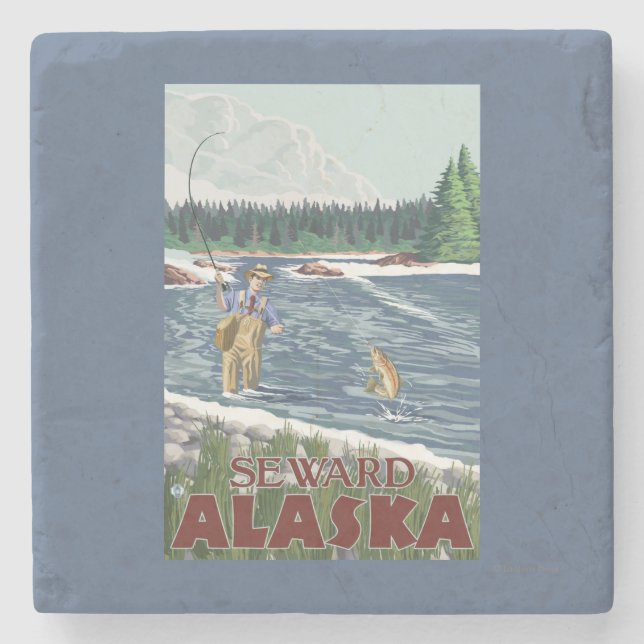 Fly Fisherman - Seward, Alaska Stone Coaster (Front)