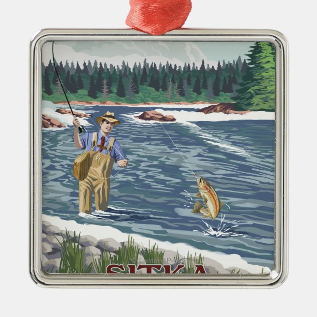 Fly Fisherman - Sitka, Alaska Metal Tree Decoration (Front)