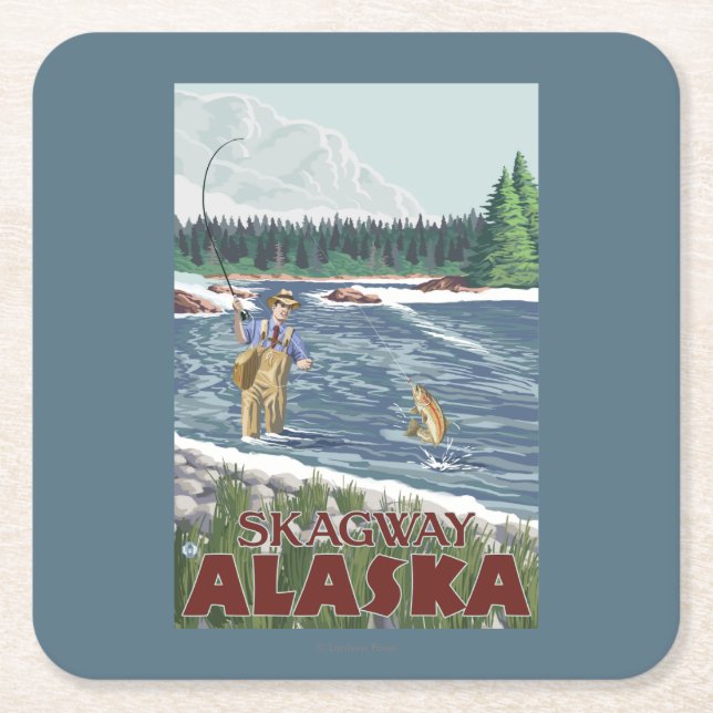Fly Fisherman - Skagway, Alaska Square Paper Coaster (Front)