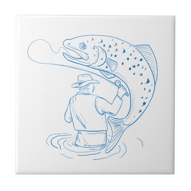 Fly Fisherman Trout Fishing Drawing Tile (Front)