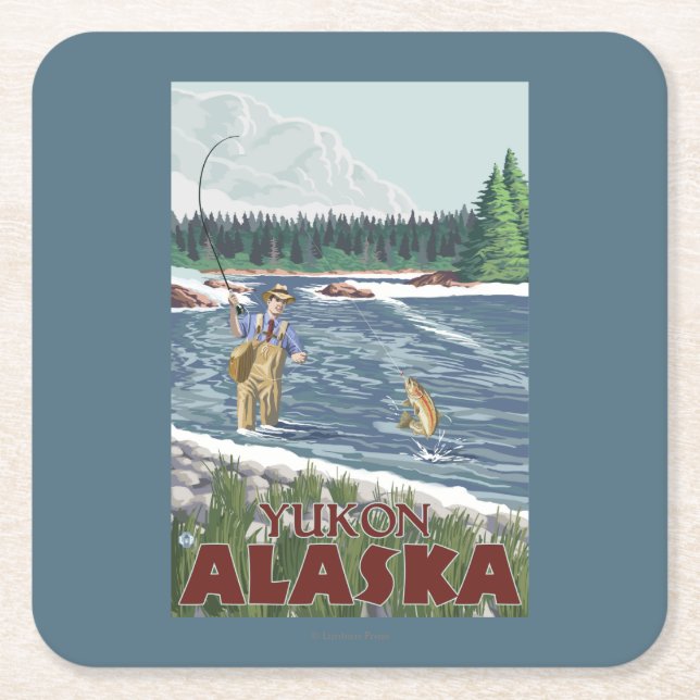 Fly Fisherman - Yukon, Alaska Square Paper Coaster (Front)