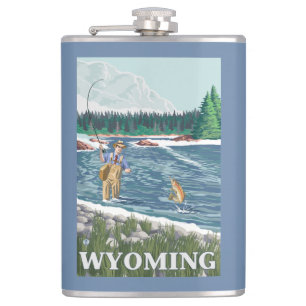 Fly FishermanWyomingVintage Travel Poster Hip Flask
