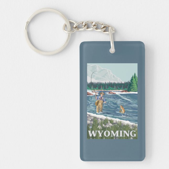 Fly FishermanWyomingVintage Travel Poster Key Ring (Front)