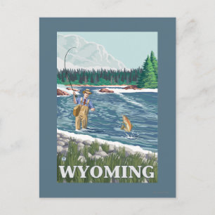 Fly FishermanWyomingVintage Travel Poster Postcard