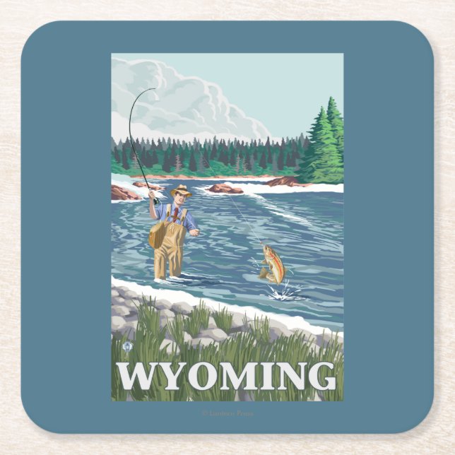 Fly FishermanWyomingVintage Travel Poster Square Paper Coaster (Front)