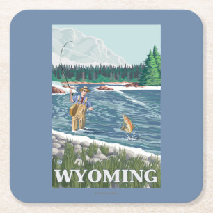 Fly FishermanWyomingVintage Travel Poster Square Paper Coaster