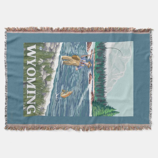 Fly FishermanWyomingVintage Travel Poster Throw Blanket (Front)