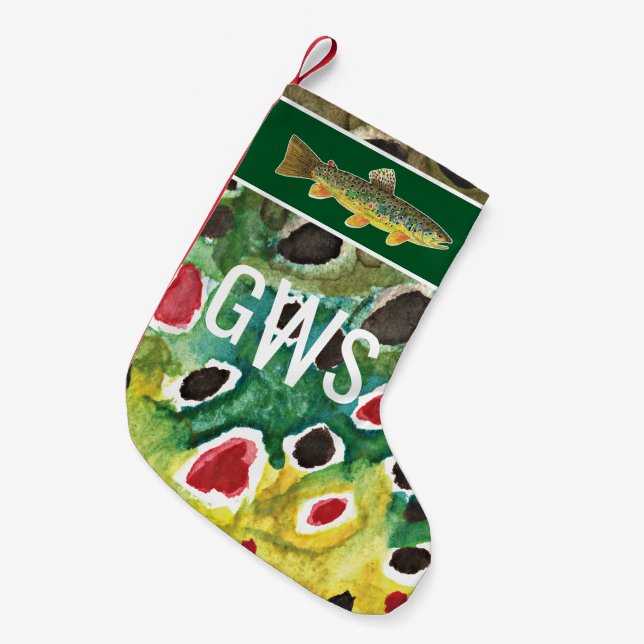 Fly Fishing Brown Trout His or Her Personalized Small Christmas Stocking (Front (Hanging))
